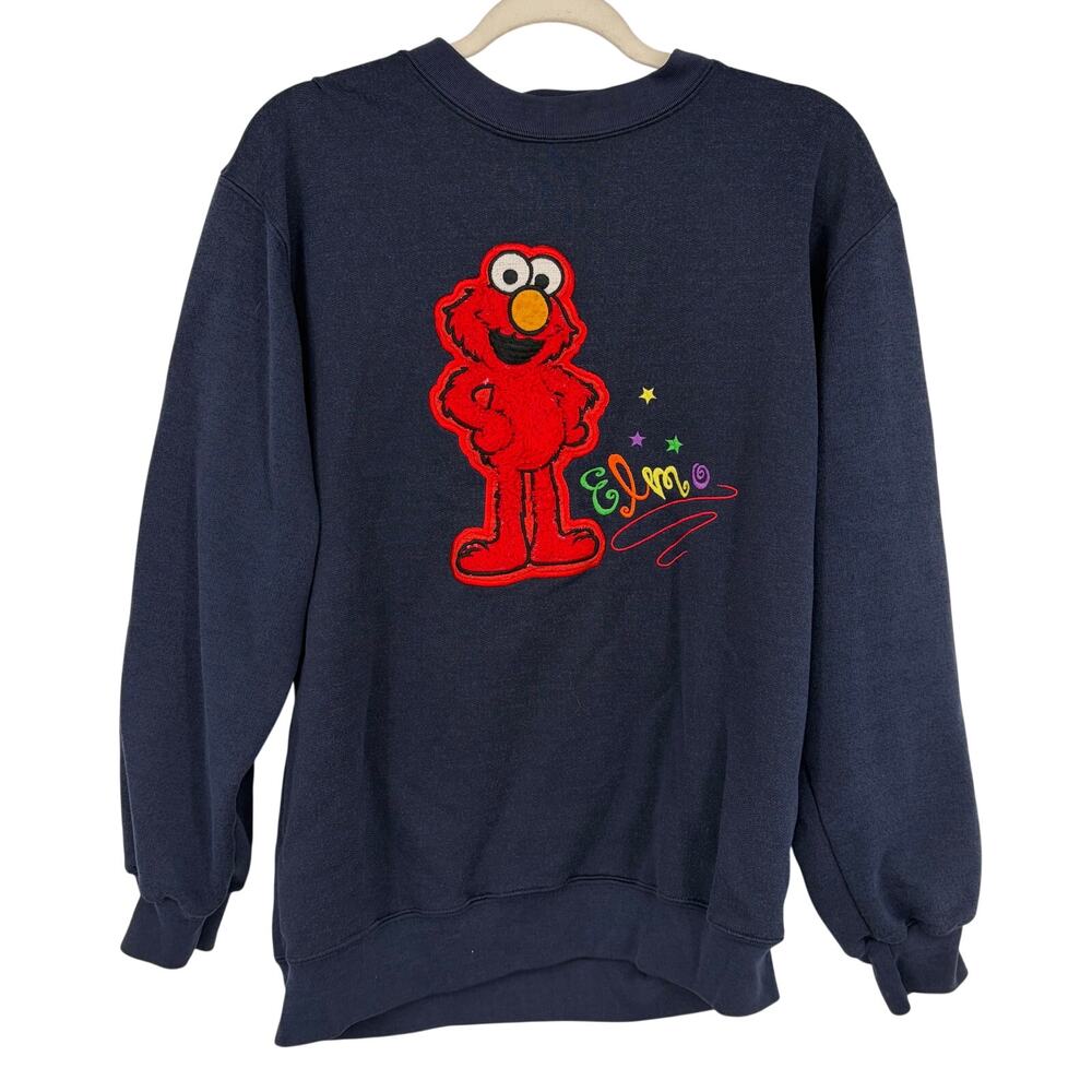 Sesame Street Vintage Elmo Applique Embroidery Black Crewneck Sweatshirt Size L